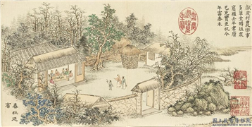 清董诰画开韶集胜　册　春社延宾,绘画,建筑,山水,人物,树木,器用