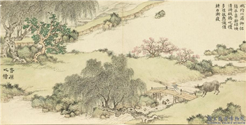清董诰画开韶集胜　册　春原叱犊,绘画,山水,树木,花草,走兽,建筑