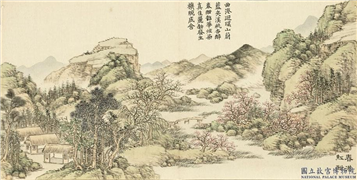 清董诰画开韶集胜　册　春港红酣,绘画,山水,树木,花草,建筑