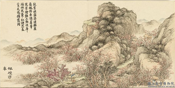 清董诰画清音荟景　册　枫磴停车,绘画,山水,树木,人物,建筑,车