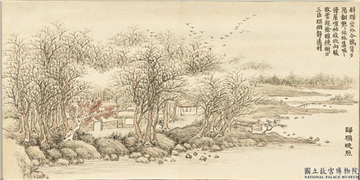 清董诰画清音荟景　册　归鸦晚照,绘画,山水,树木,人物,翎毛,建筑,船