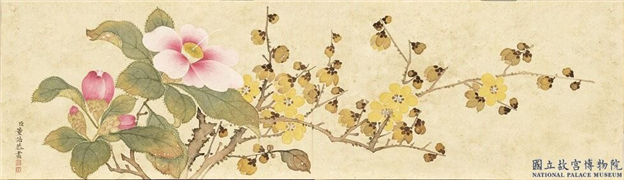清董诰画花卉　册　蜡梅茶花,绘画,花草