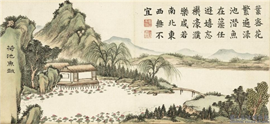 清戴衢亨夏荷八景　册　荷池鱼戏,绘画,山水,树木,花草,水中动植物,建筑