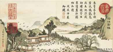 清戴衢亨夏荷八景　册　荷沼禽嬉,绘画,山水,树木,建筑,花草,翎毛