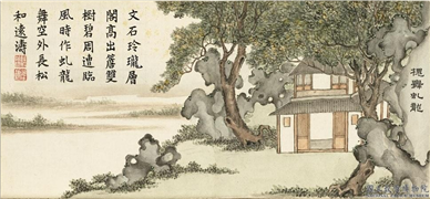 清戴衢亨绘夏槐八景　册　槐舞虬龙,绘画,山水,树木,建筑