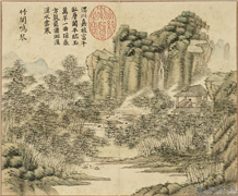 清关槐竹苞胪颂　册　竹阁鸣琴,绘画,山水,树木,建筑,人物