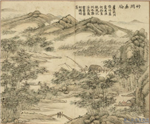 清关槐竹苞胪颂　册　竹涧垂纶,绘画,山水,树木,花草,人物,建筑,船,器用