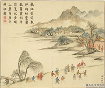 清黄钺画春台熙皋　册　春郊社鼓,绘画,山水,人物,树木,建筑,器用,其他