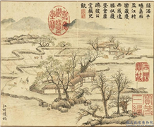 清黄钺画乐郊庆岁　册　江村获稻,绘画,山水,人物,树木,五谷,走兽,翎毛,建筑,船,器用