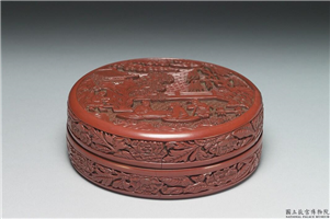 明 永乐 (1304-1424) 剔红山水人物圆盒,明 永乐,漆,盛装器