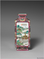 清 乾隆 粉彩开光山水四方瓶,清乾隆,陶瓷,