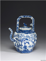 明 万历 青花高士图六棱提梁茶壶,明 万历,陶瓷,盛装器