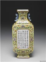 清 乾隆 洋彩黄地御制诗花卉轿瓶(「乾隆年制」款),清 高宗,,陈设