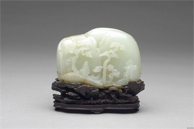清 玉听泉山子（附木座）