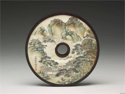 清 乾隆 雕刻木盖附关槐〈山水〉
