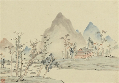清周亮工集名家山水　册　清朱翰之疏林古寺