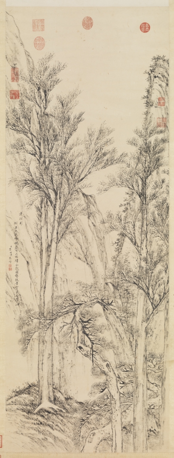 清李世倬画连理杉　轴