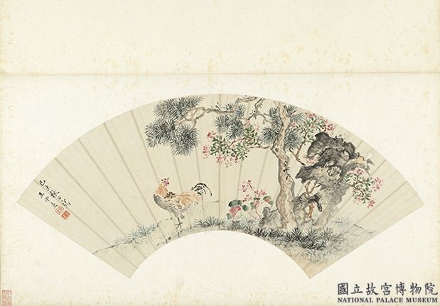 明人画扇　册　明王中立花坞鸣鸡