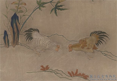 宋绣黄筌画花鸟（二）　册　秋葵双鷄